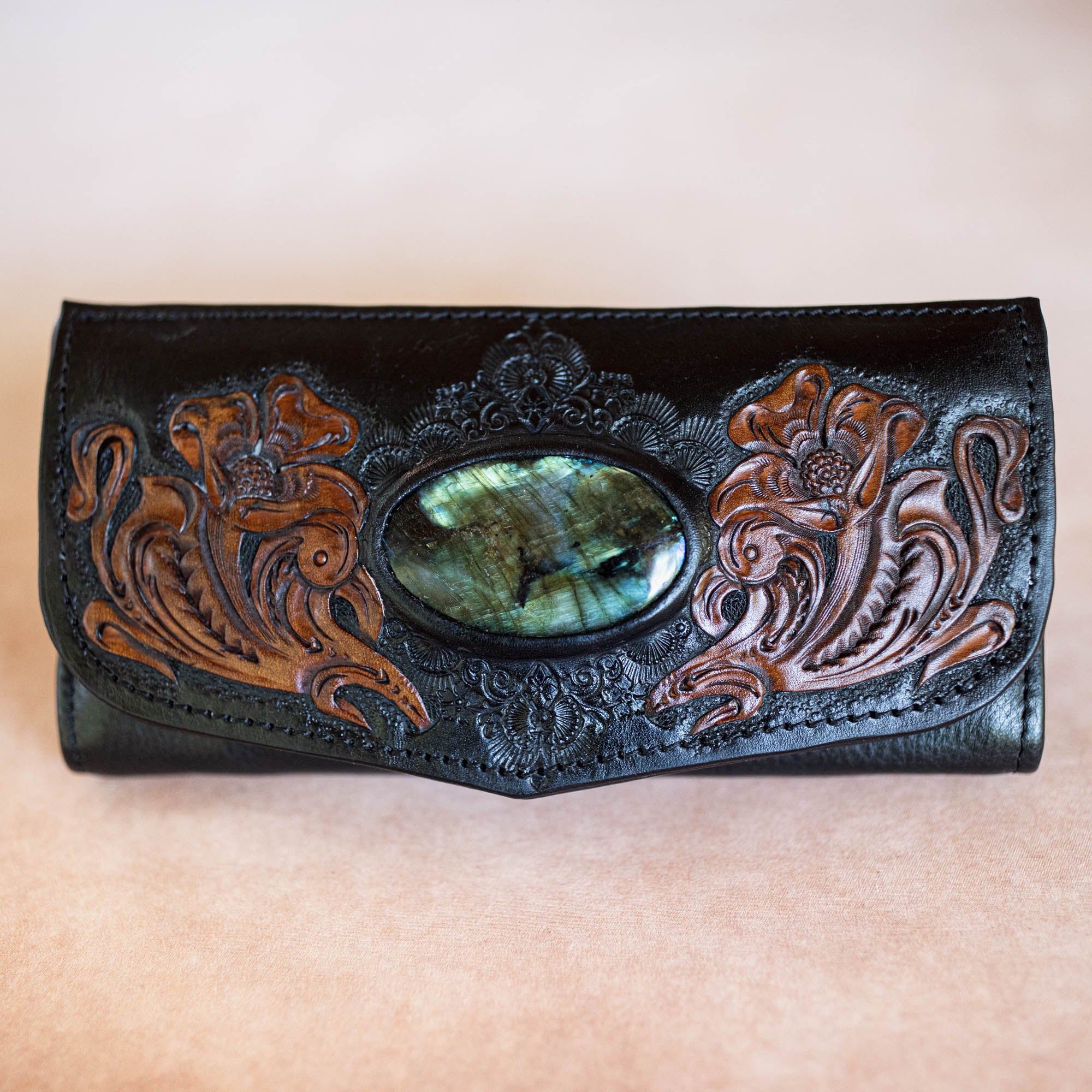 Black Bay Western Floral Wallet with Labradorite