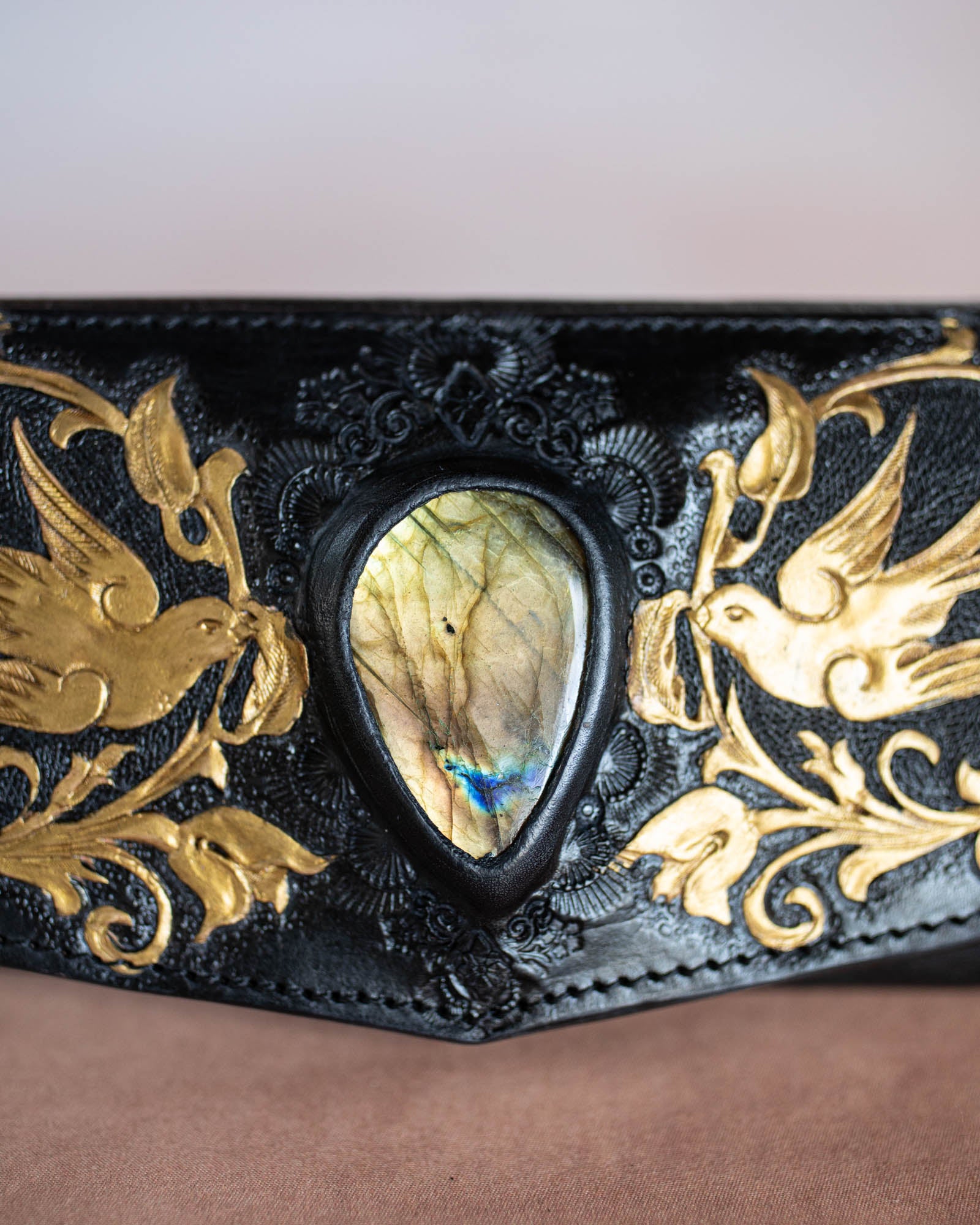 Black & Gold Swallow Wallet with Labradorite