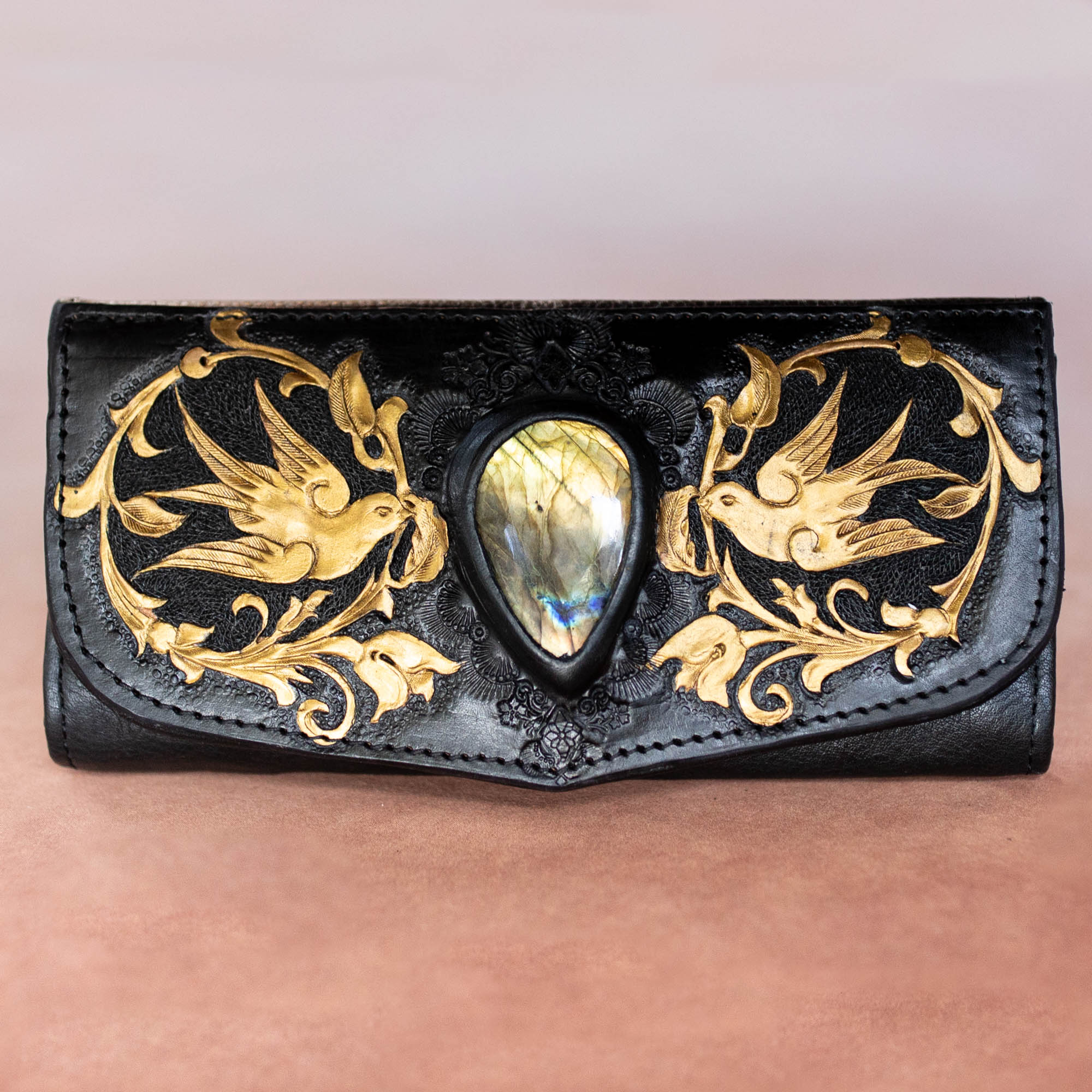 Black & Gold Swallow Wallet with Labradorite