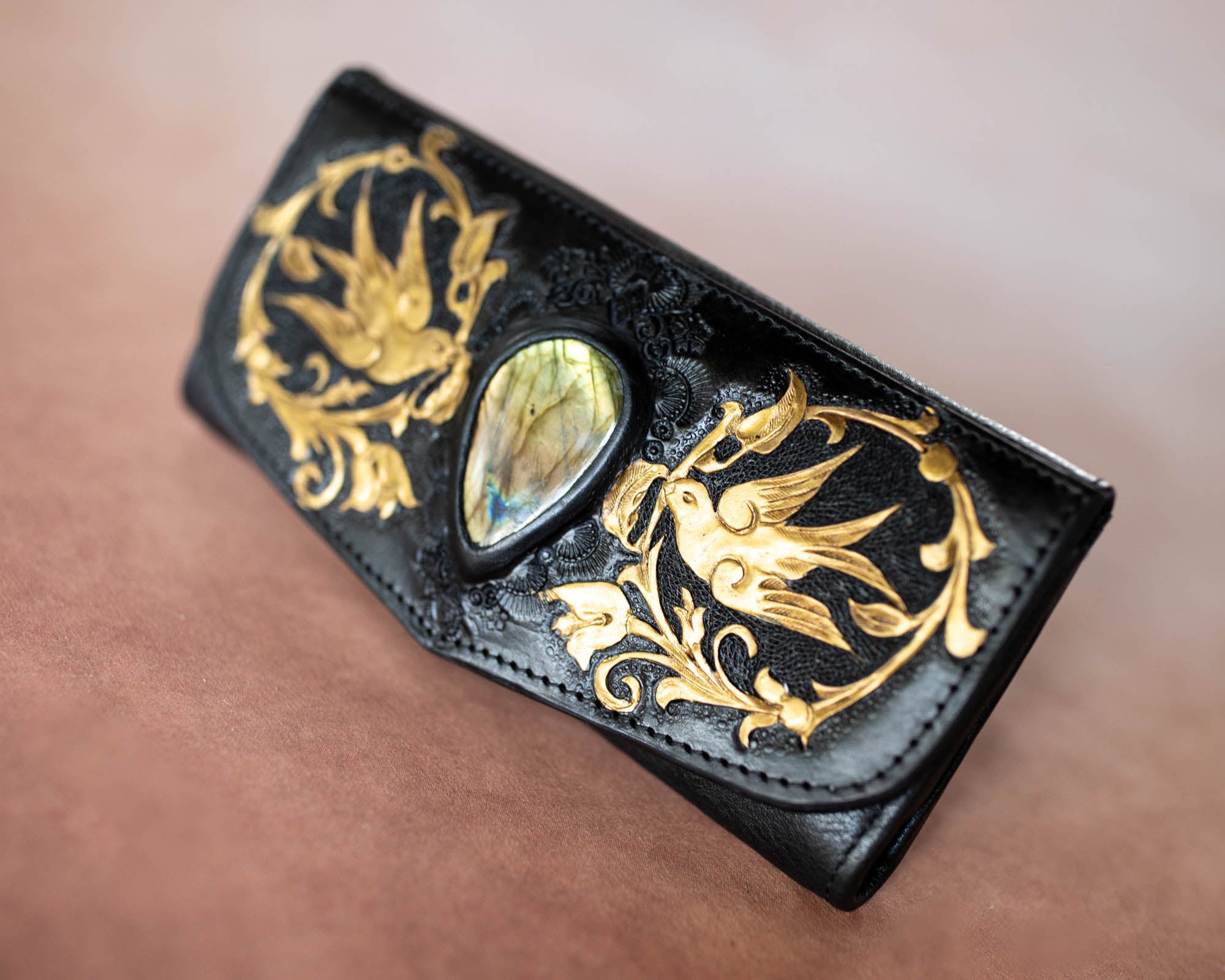 Black & Gold Swallow Wallet with Labradorite