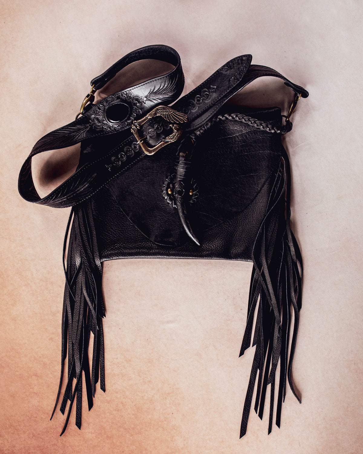 Black Magic Nomad Bag with Stag Horn & Smoky Quartz Wand