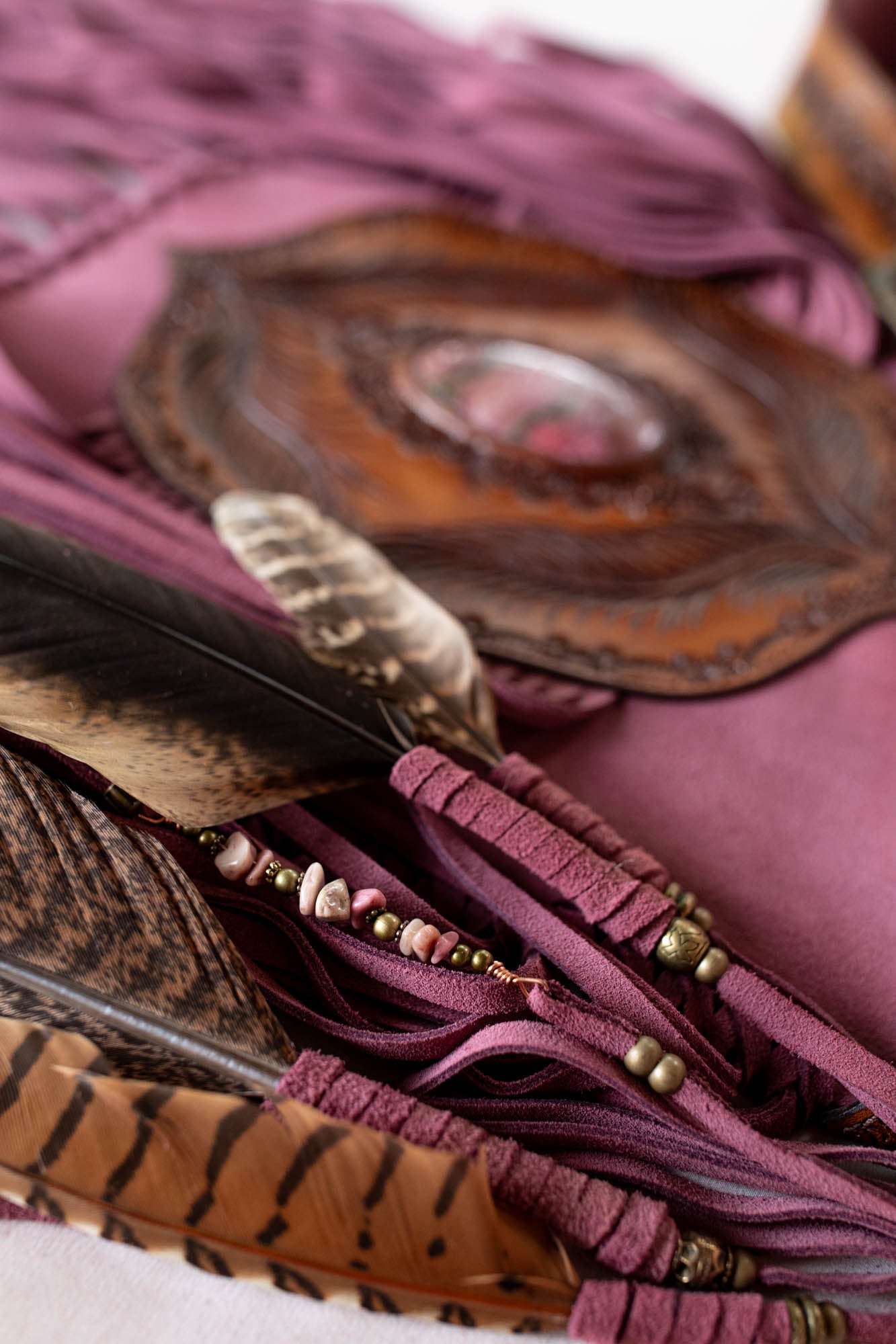Apache Tasselled Bag with Pink Rhodonite