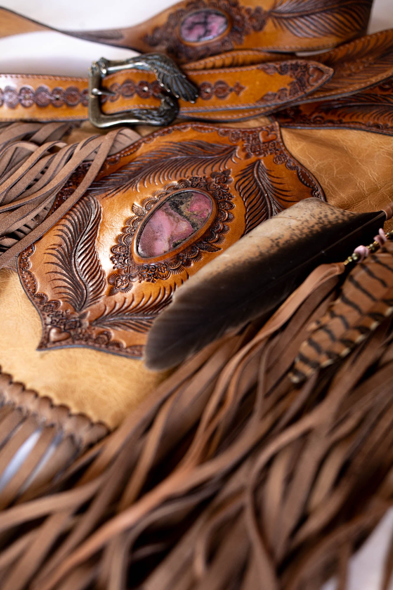 Apache Tasselled Bag with Pink Rhodonite