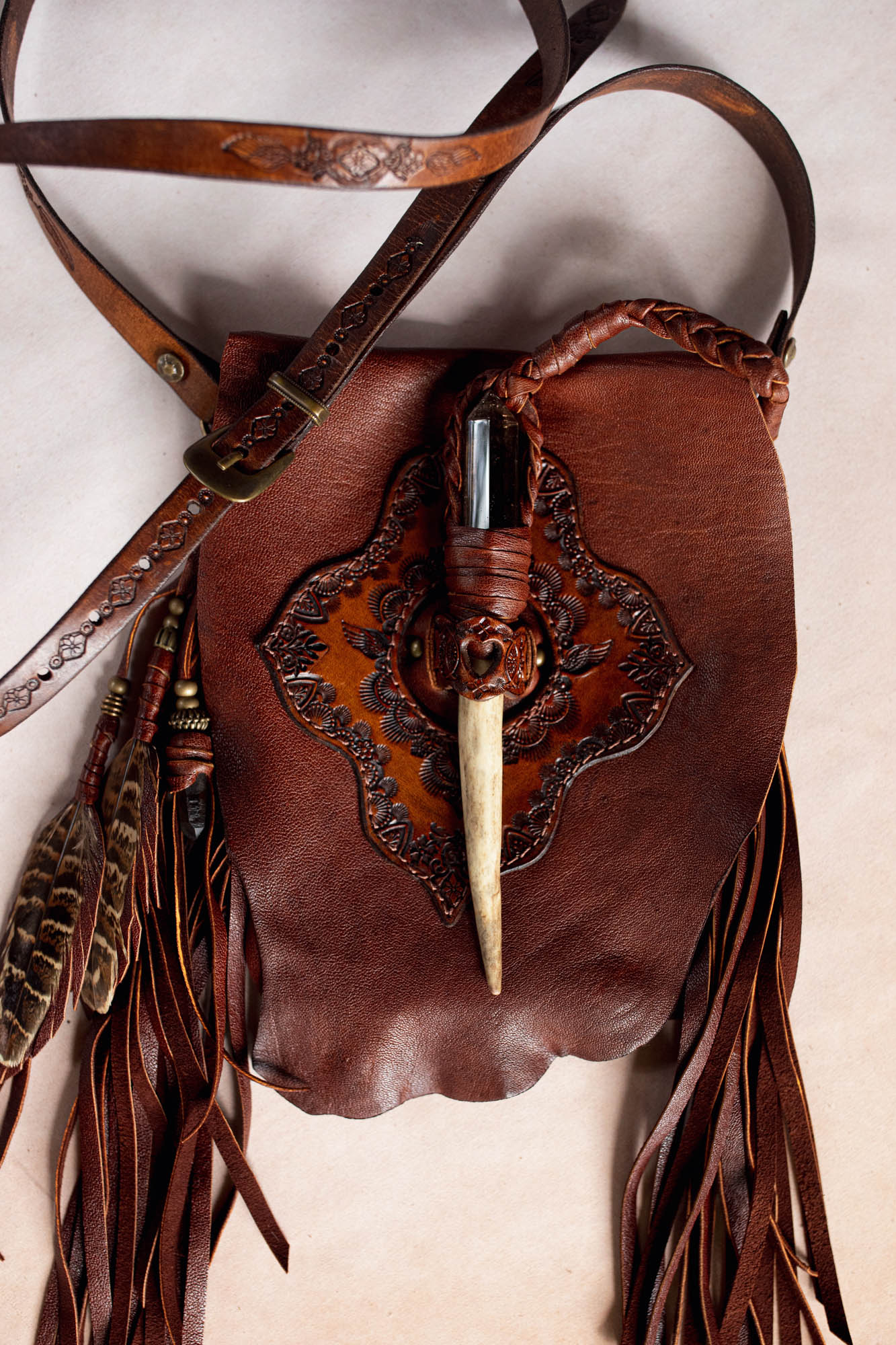 Nomad Phone Pouch with Stag Horn & Smoky Quartz Wand