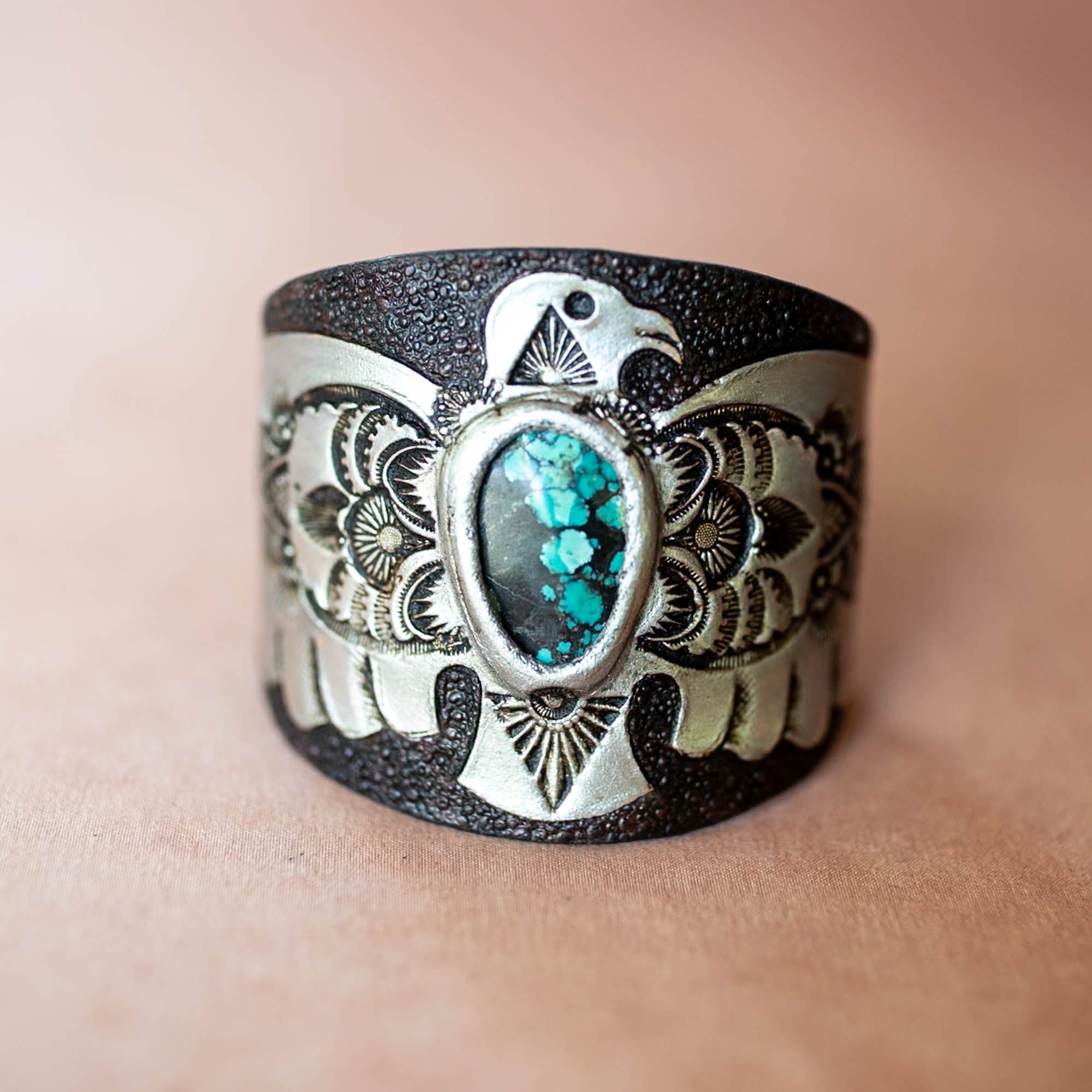 Hand Painted Thunderbird Cuff with Turquoise