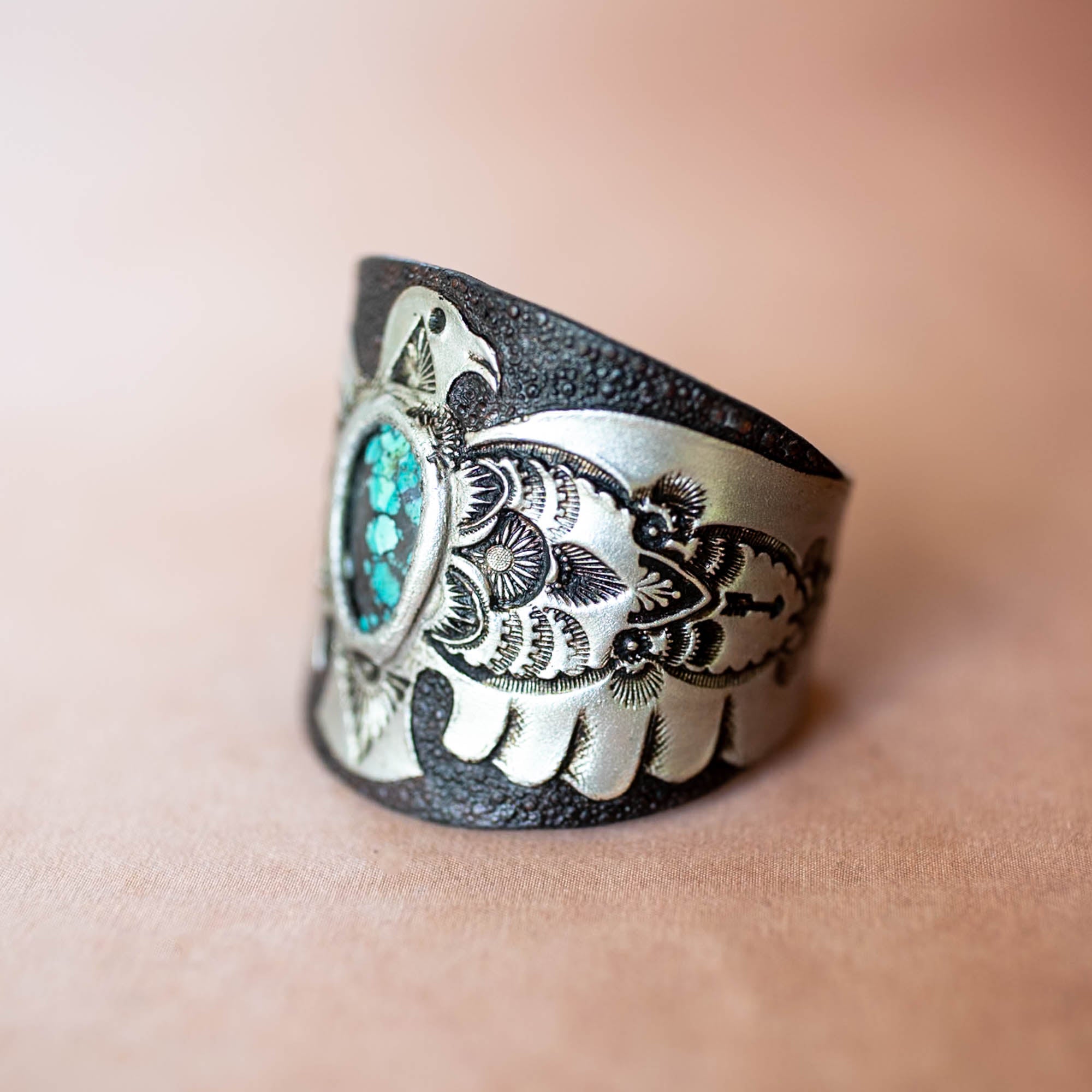 Hand Painted Thunderbird Cuff with Turquoise