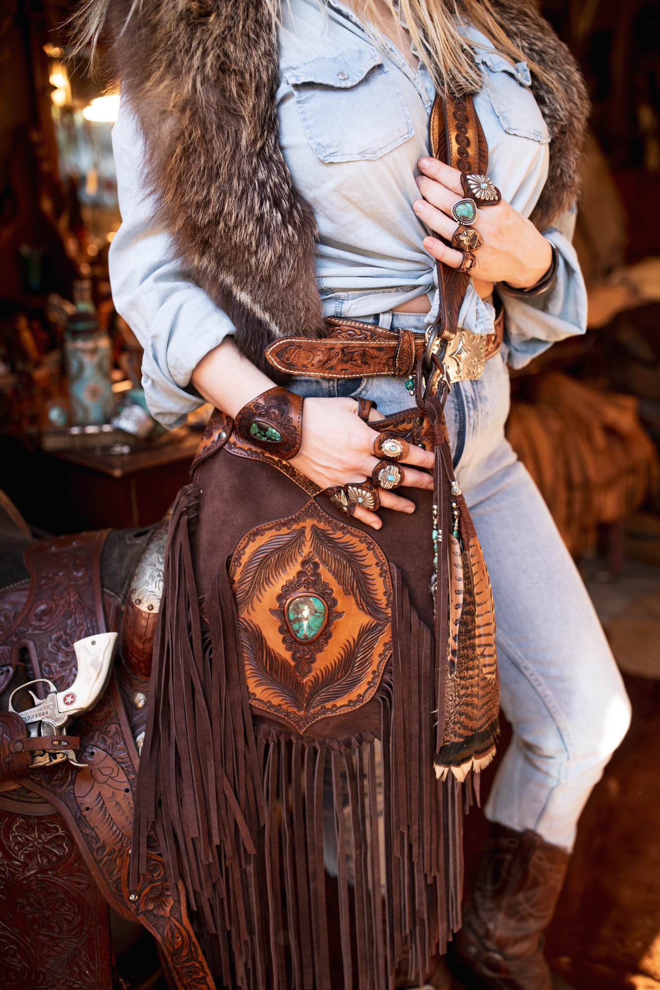 Apache Tasseled Bag with High Grade Turquoise