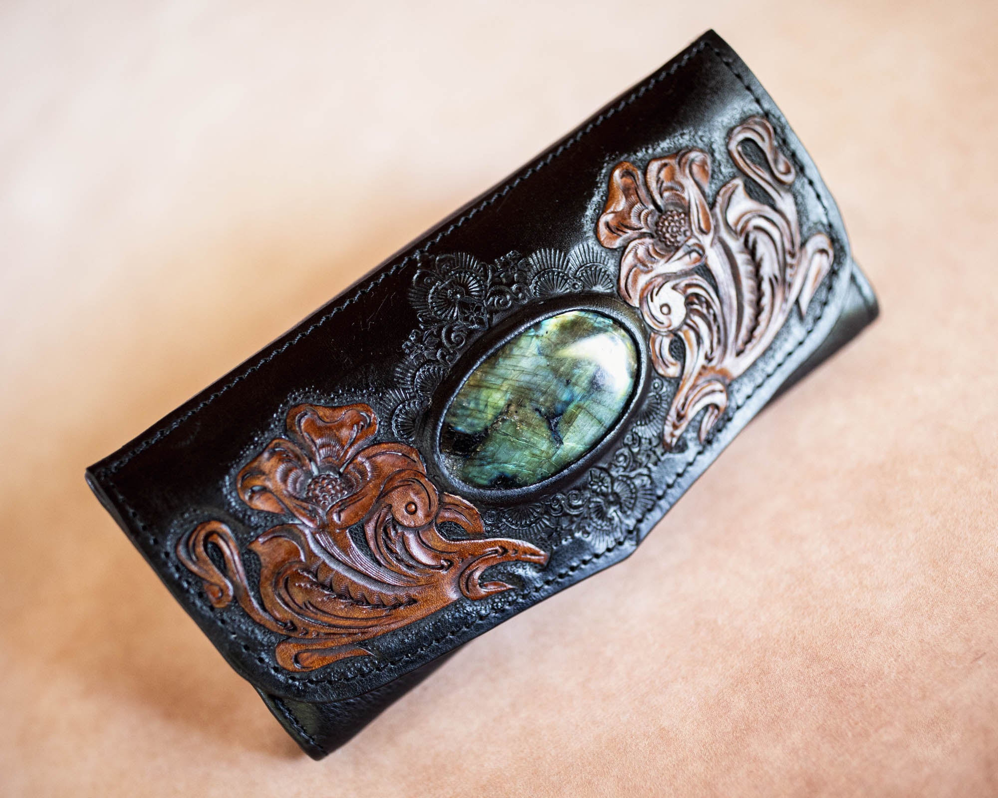 Black Bay Western Floral Wallet with Labradorite