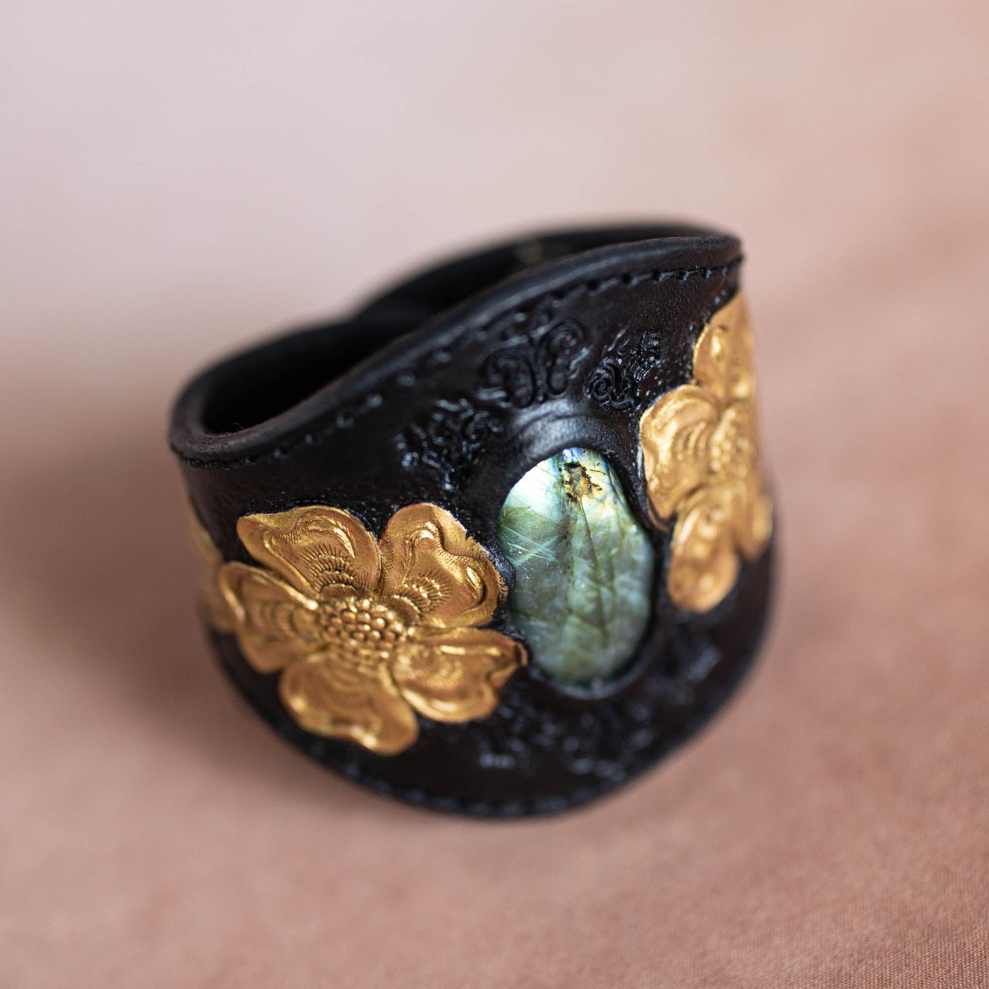 Black & Gold Flower Cuff with Labradorite