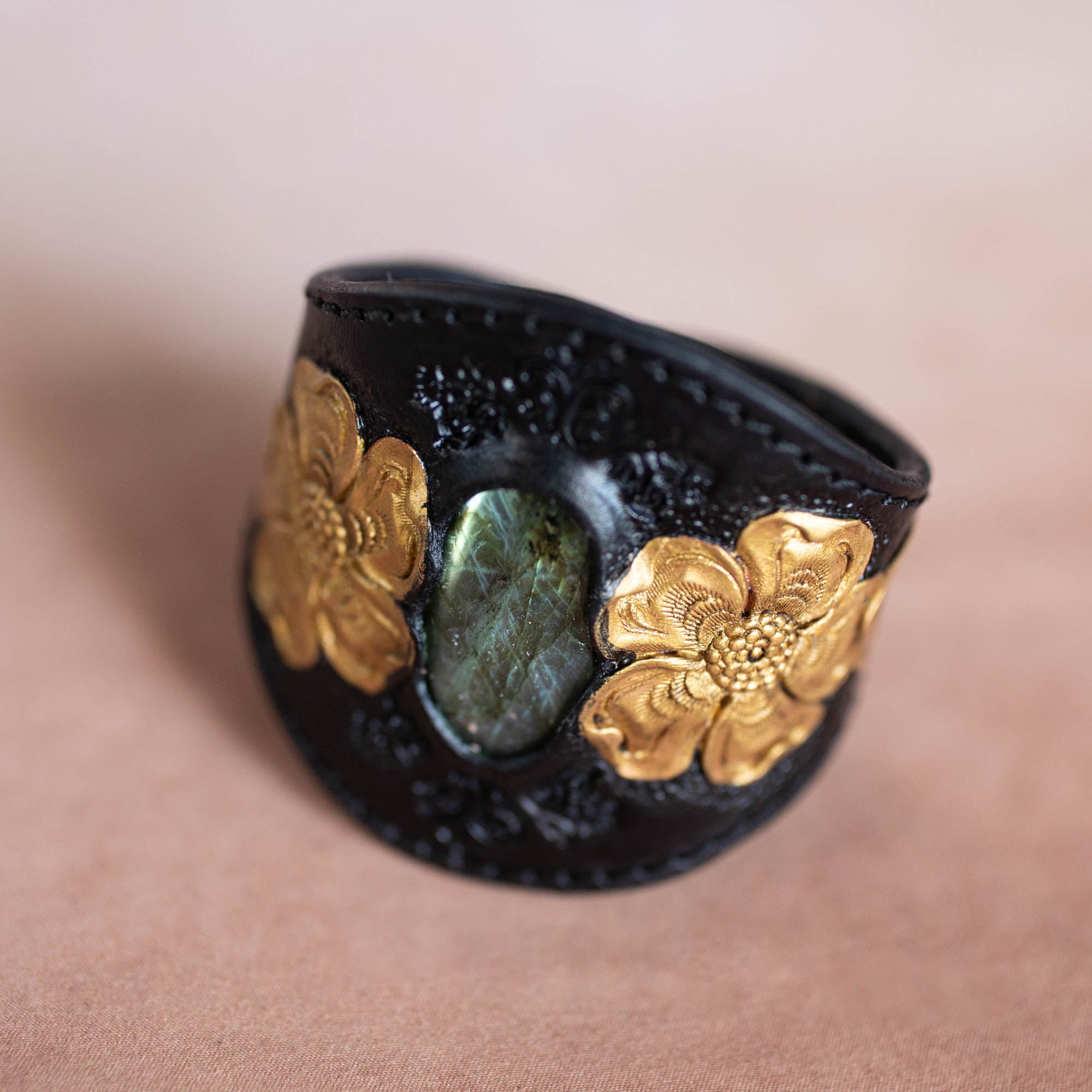Black & Gold Flower Cuff with Labradorite