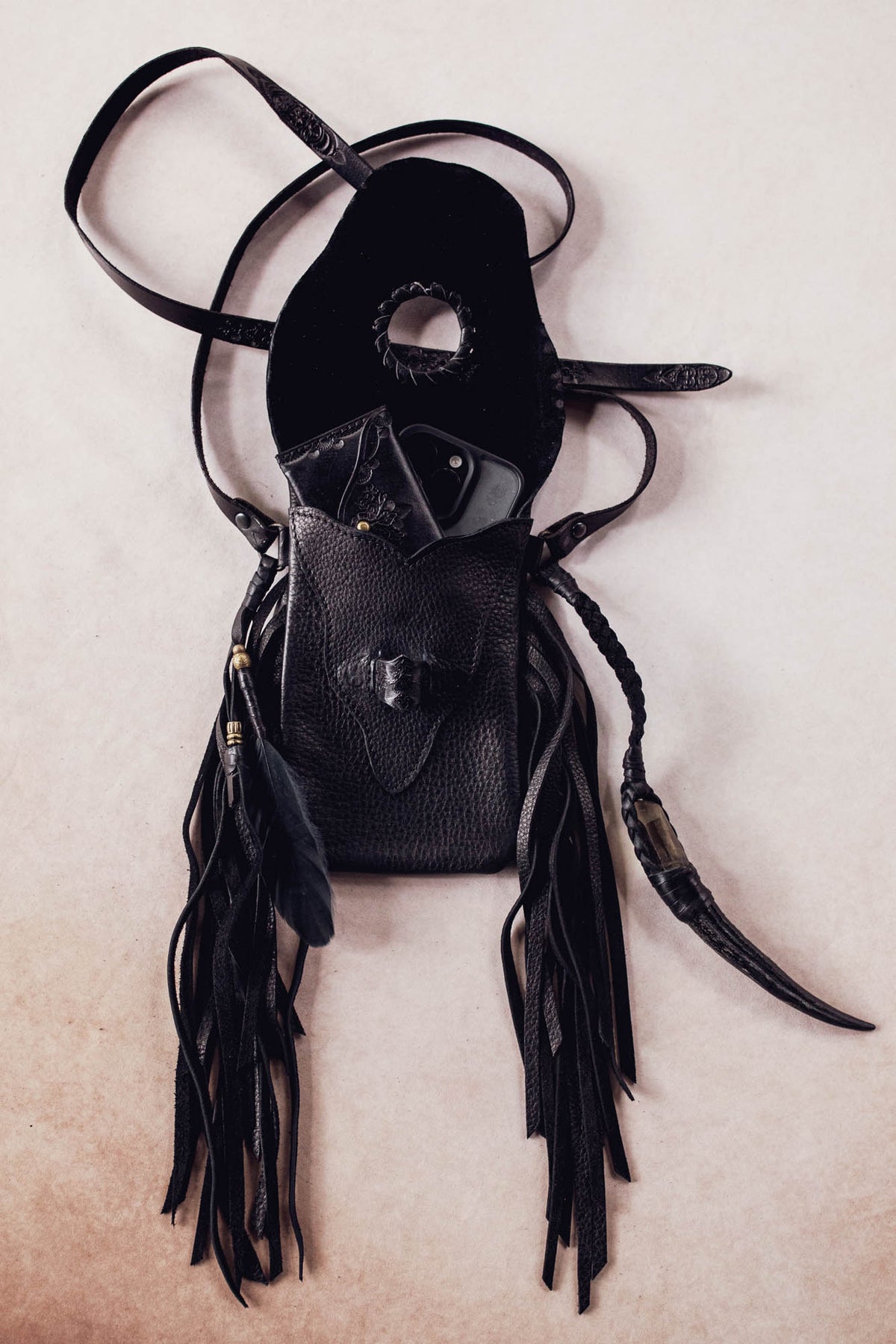 Nomad Phone Pouch with Stag Horn & Smoky Quartz Wand