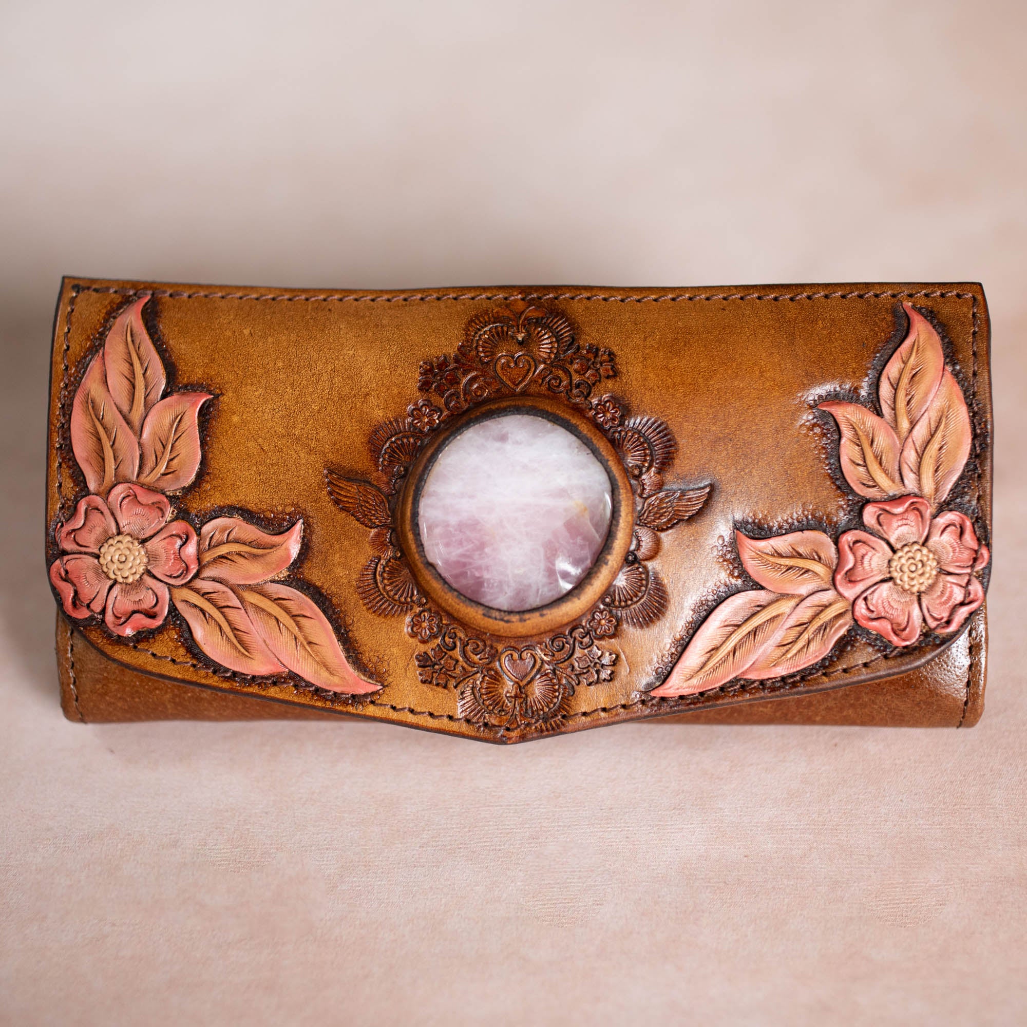 Hand Painted Flower Wallet with Rose Quartz