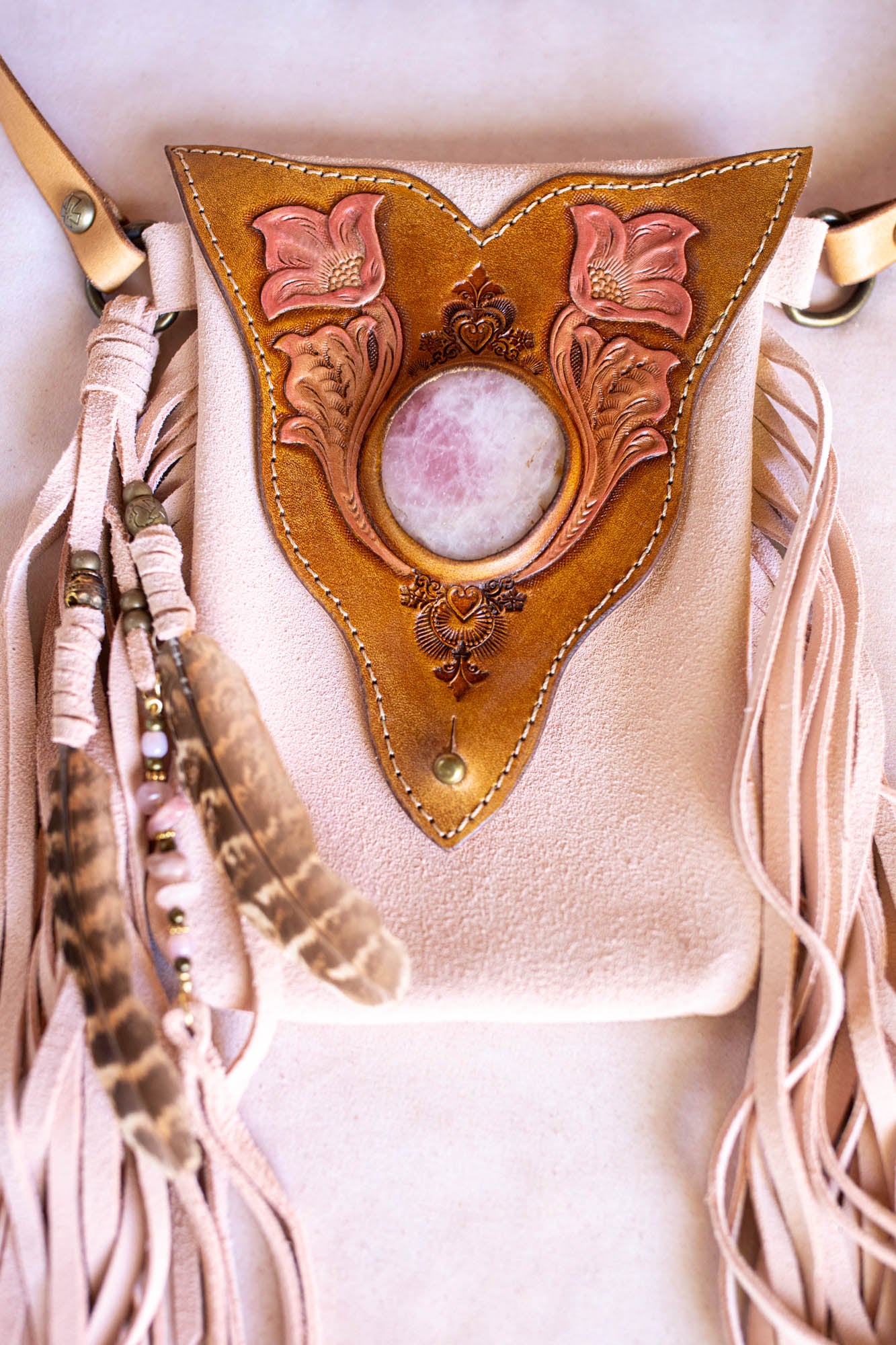 Western Floral Gypsy Wanderer Phone Pouch with Rose Quartz