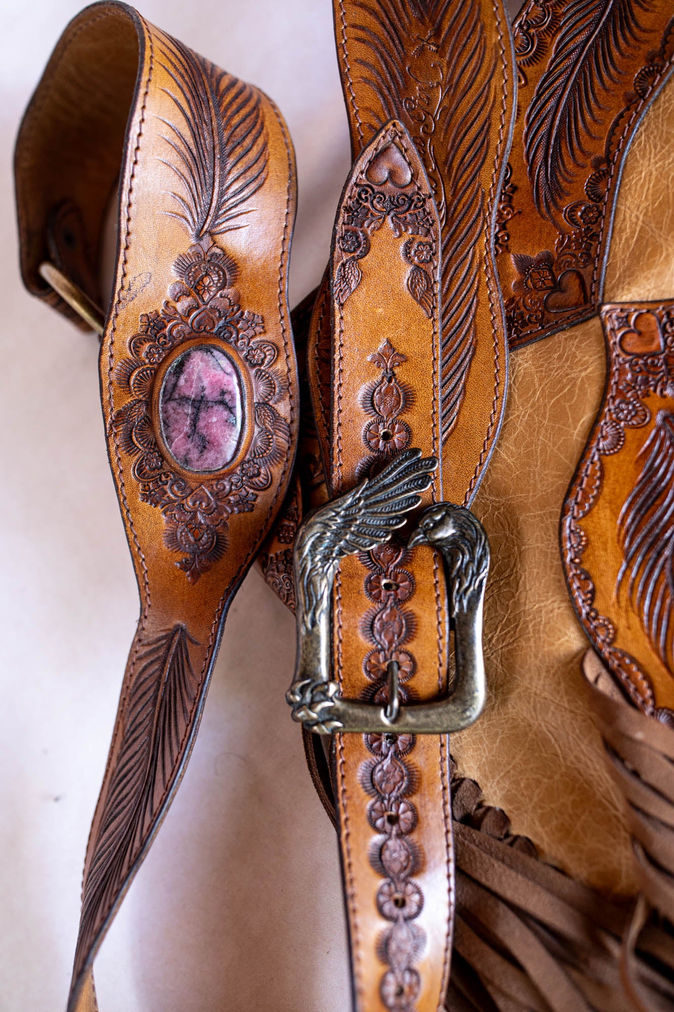 Apache Tasselled Bag with Pink Rhodonite
