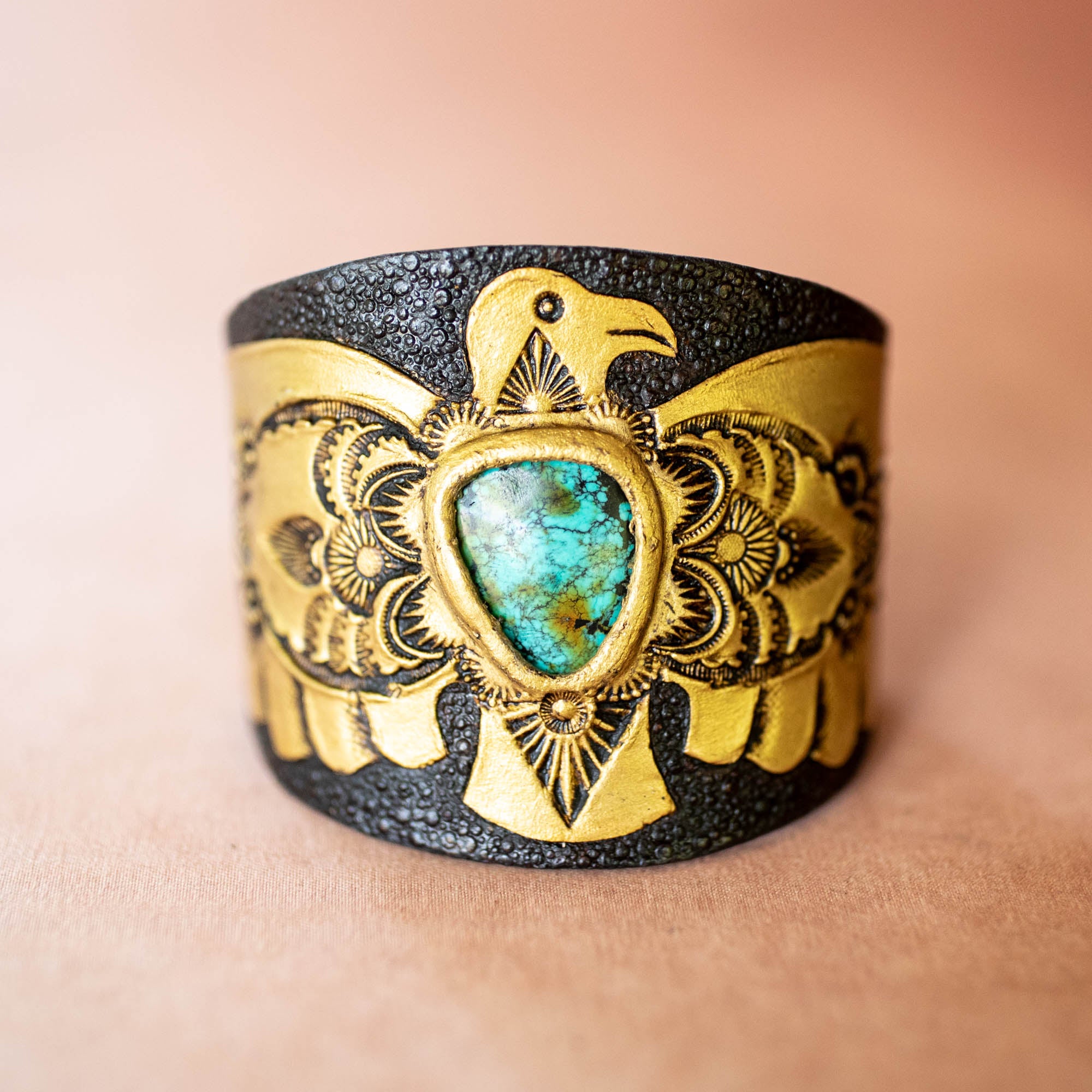 Hand Painted Thunderbird Cuff with Turquoise