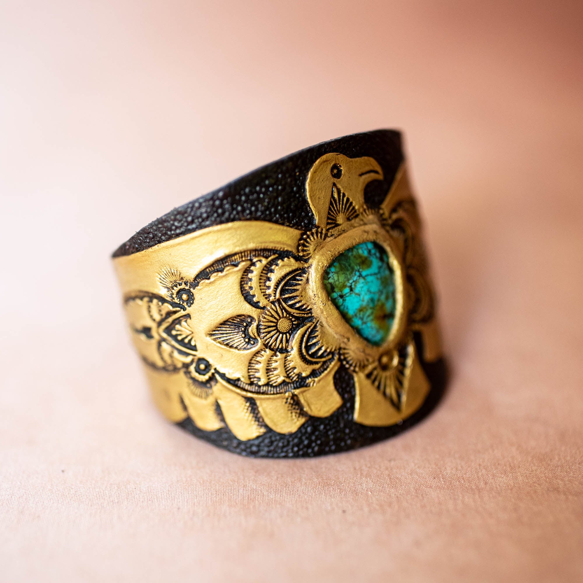 Hand Painted Thunderbird Cuff with Turquoise
