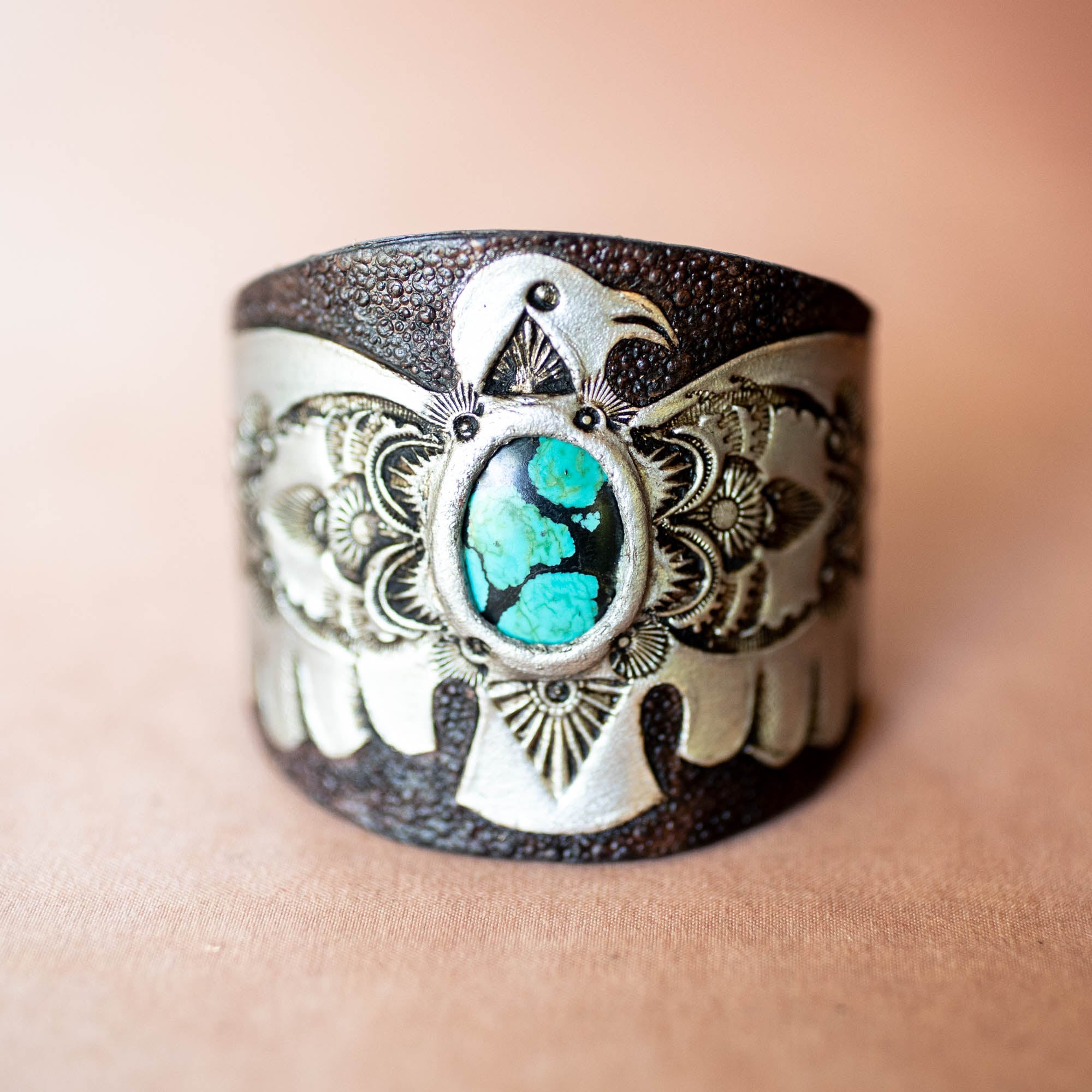 Hand Painted Thunderbird Cuff with Turquoise