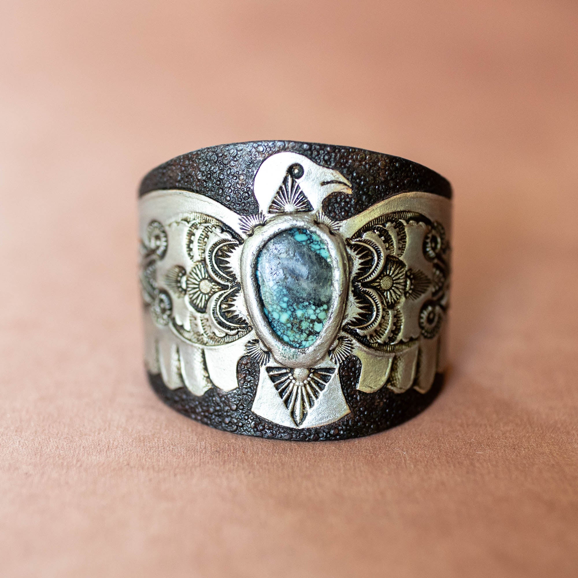 Hand Painted Thunderbird Cuff with Turquoise