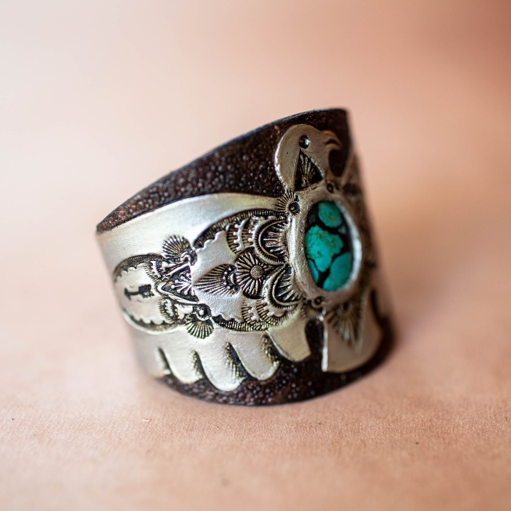 Hand Painted Thunderbird Cuff with Turquoise