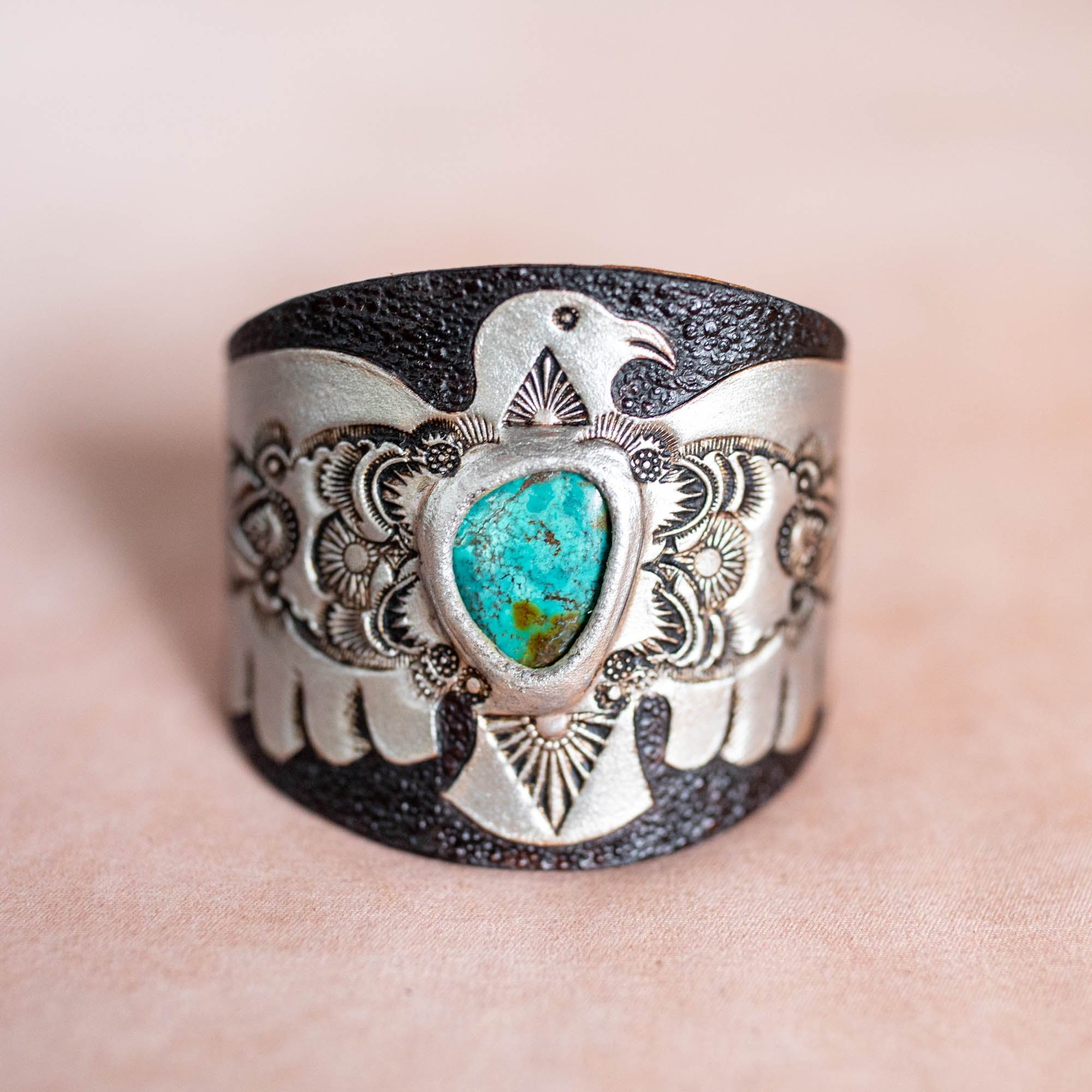 Hand Painted Thunderbird Cuff with Turquoise